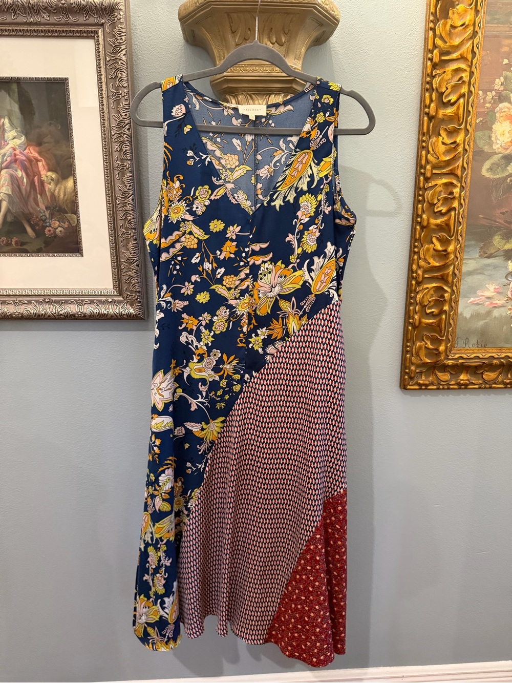 MELLODAY Navy Floral & Red Patchwork Midi Dress